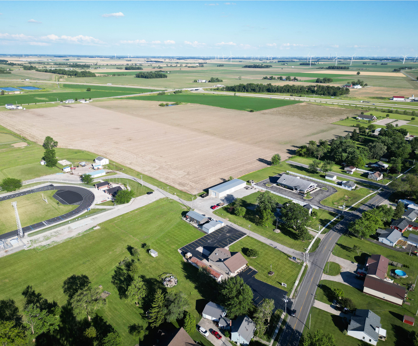 Aerial view of Antwerp school campus and surrounding fields in Antwerp, Ohio